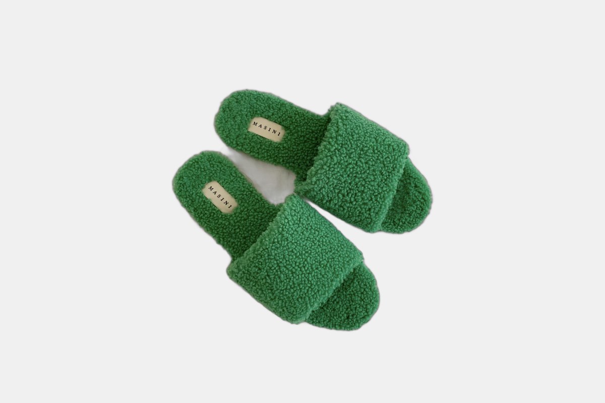 Masini Bottle Green Shearling Slippers