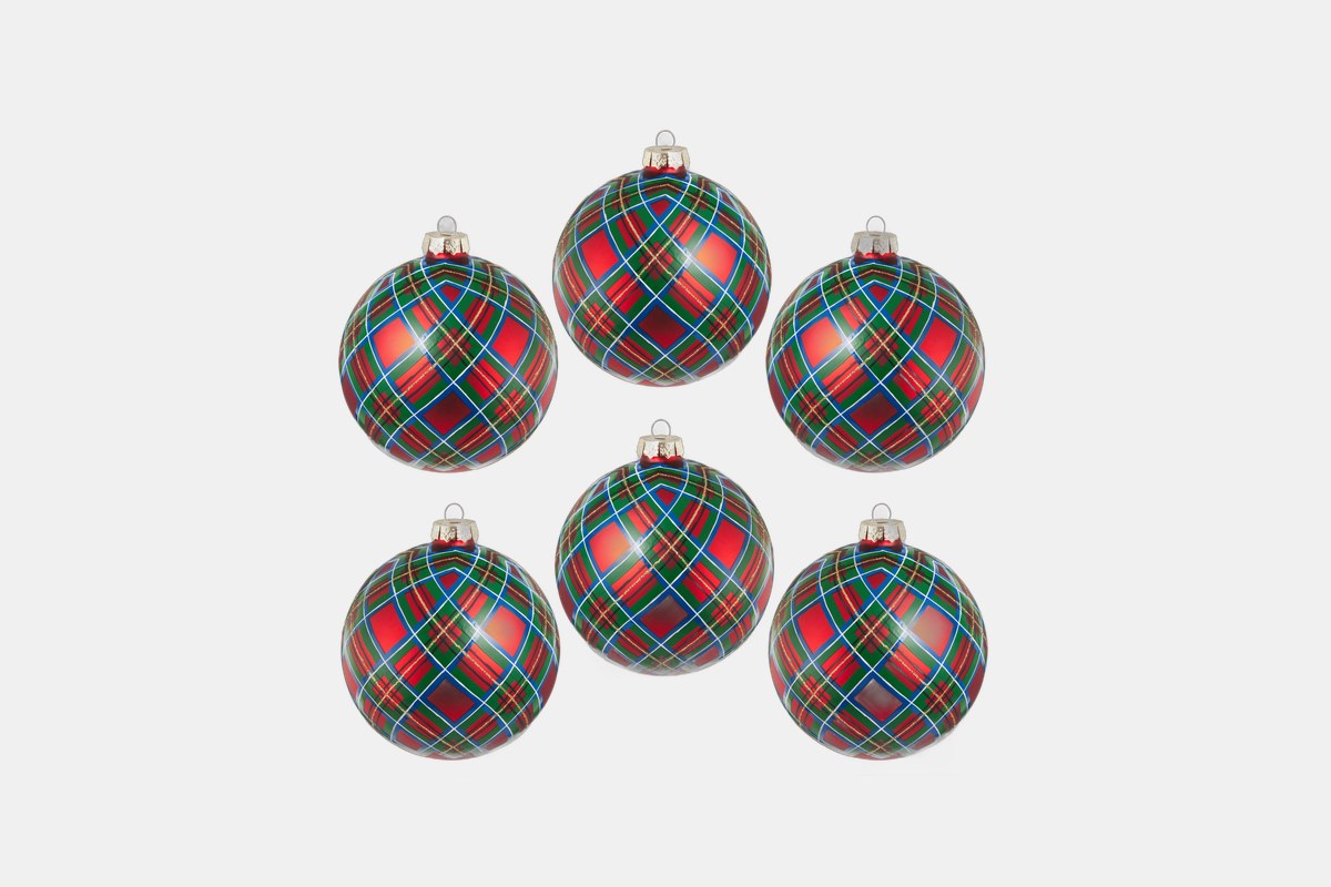 Raz Red Plaid Glitter Ball Ornaments Set